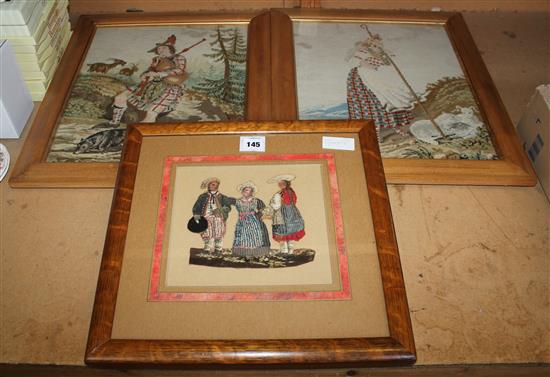 2 19C petit point needleworks of Shepherdess & Scottish musician in mountainous scene & applique of peasant figures(-)